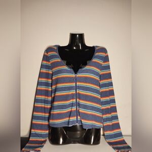 Striped Zip Front Crop Top Blue